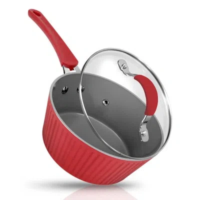 Nutrichef 1.7 Qt. Non-stick Ceramic Saucepan With Lid In Red