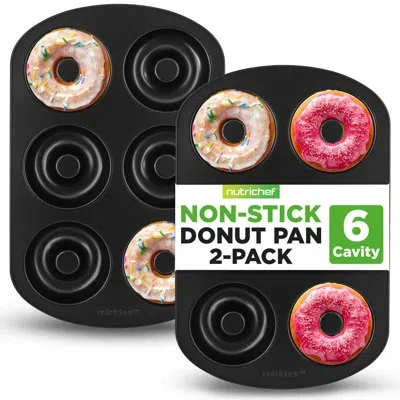 Nutrichef 2 Piece Set Of Non-stick 6-cup Donut Pan, Carbon Steel Donut Baking Pans, Non-stick For Pastries And In Black