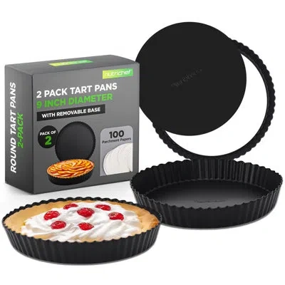 Nutrichef 2 Round Tart Pans | 9 Inch Carbon Steel Tart Baking Trays With Removable Base | Nonstick & Even Heat In Black