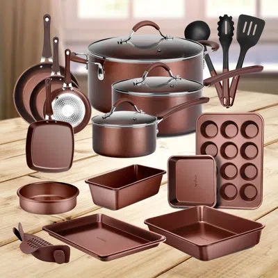 Nutrichef 20 Pieces Aluminum Non Stick Cookware Set In Brown