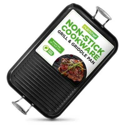 Nutrichef 22.98" Non Stick Aluminum Rectangular Reversible 1 Piece Grill Pan In Black
