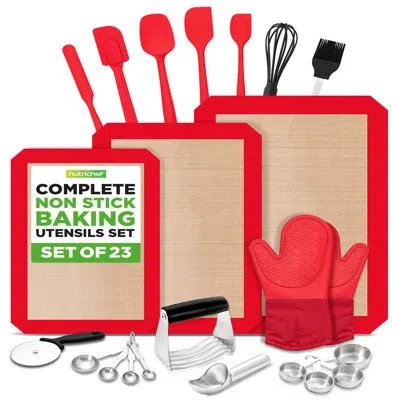 Nutrichef 23-piece Baking Utensil Collection With Measuring Tools, Silicone Mats, Spatulas, Whisk & Oven Mitts In Polished Chrome;red