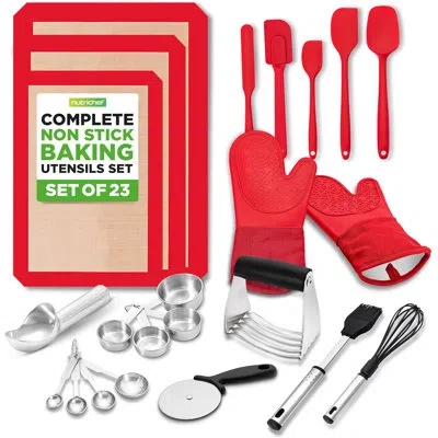 Nutrichef 23-piece Essential Baking Utensils Set – Measuring Cups And Spoons, Scraper, Oven Mitts, Whisk, Sili In Red