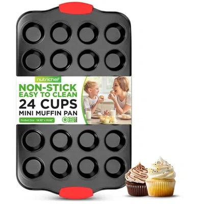 Nutrichef 24 Cup Muffin Pan - Deluxe Nonstick Gray Coating Inside & Outside With Red Silicone Handles, Compati In Black