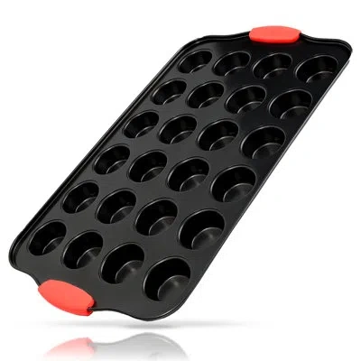 Nutrichef 24 Cup Muffin Pan - Deluxe Nonstick Gray Coating Inside & Outside With Red Silicone Handles, Compati In Black