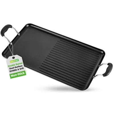 Nutrichef 24" Stove Top Griddle Pan, Nonstick Double Burner Grill & Griddle Combo, Ridged & Flat Surfaces, Sui In Black