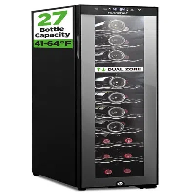 Nutrichef 27 Bottle Wine Fridge | Dual Zone Adjustable Temperature Control 41°f To 64°f | Ultra Quiet | Wine C In Black