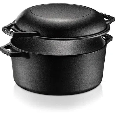 Nutrichef 2-in-1 Pre-seasoned Non-stick Cast Iron Double Dutch Oven And Skillet Lid In Black