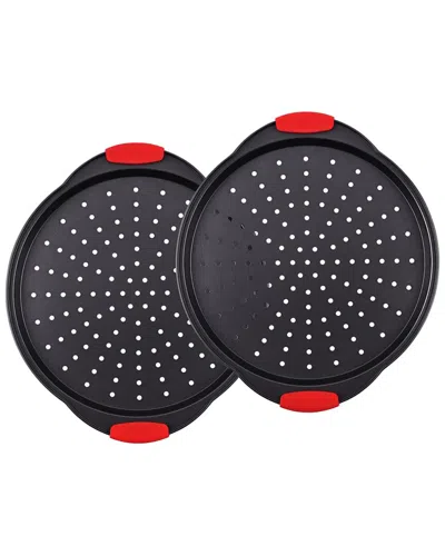 Nutrichef 2pc Non-stick Pizza Tray With Silicone Handle In Black