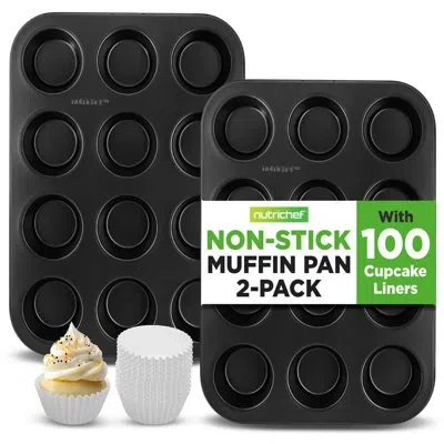 Nutrichef 2-piece 12 Cup Kitchen Oven Muffin Baking Pans With 100 Pieces Parchment Cupcake Liners - Deluxe Non In Black