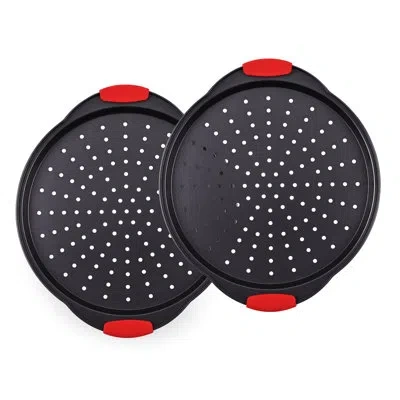 Nutrichef 2-piece 13-inch Nonstick Pizza Tray, Round Carbon Steel Non-stick Pizza Baking Pan In Black