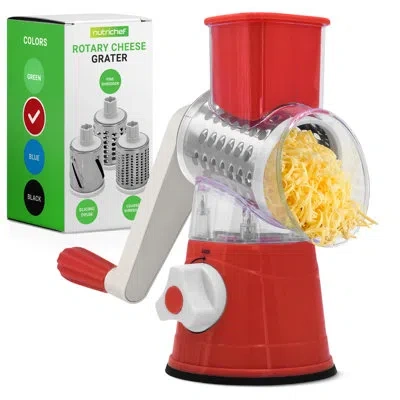Nutrichef 3 In 1 Cheese Grater & Shredder | Strong Suction Base, Rotary Handle With Safety Lock | Includes Cle In Red