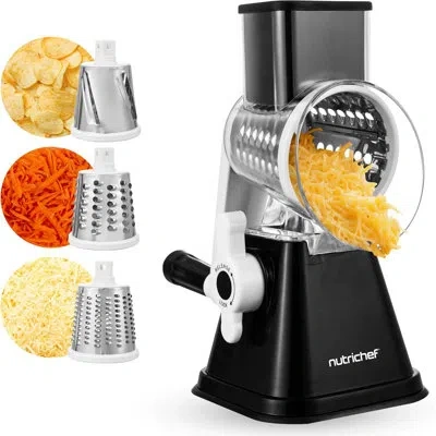 Nutrichef 3 In 1 Cheese Grater & Shredder | Strong Suction Base, Rotary Handle With Safety Lock | Includes Han In Black