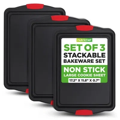 Nutrichef 3 Piece Large Non-stick Cookie Sheet Tray With Silicone Handles For Baking (black)