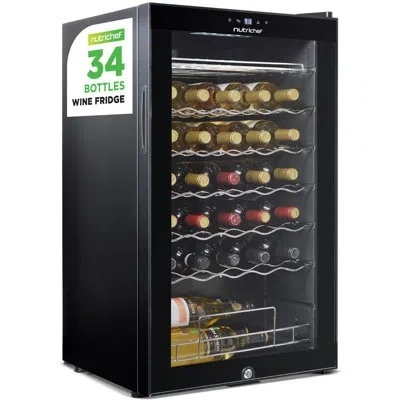 Nutrichef 34 Bottle Wine Fridge - Single Zone Beverage Refrigerator With Adjustable Temperature 41°f - 64°f, U In Black