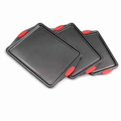 Nutrichef 3-piece Cookie Sheets For Baking, Non-stick Baking Pans Set With Silicone Handles, Stackable Oven Tr In Matte Black