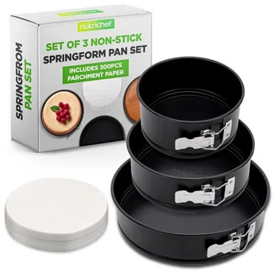 Nutrichef 3-piece Leak Proof Springform Pan Set- With Stainless Steel Lock And 300 Pieces Parchment Paper (bla In Black