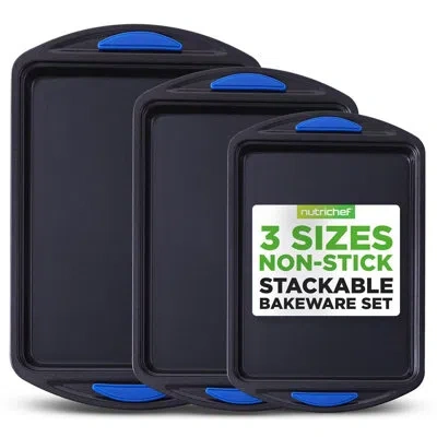 Nutrichef 3-piece Nonstick Cookie Sheet Tray Set - Baking Pans With Blue Silicone Handles, Stackable Design, E In Black