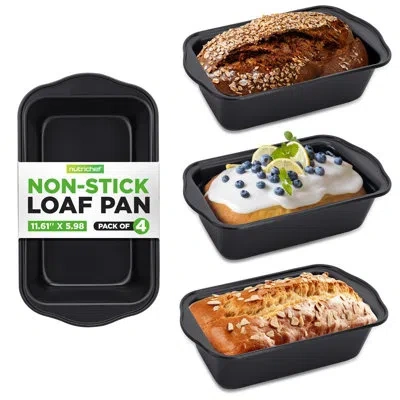 Nutrichef 4 Piece Set Of Non-stick Loaf Pan With Easy Grip Handles For Baking Homemade Bread, Brownies And Pou In Black