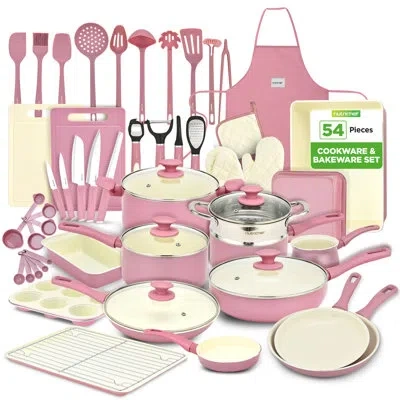Nutrichef 54-piece Kitchen Cookware Set – Complete Non-stick Ceramic Pots And Pans Set With Utensils, Bakeware In Pink
