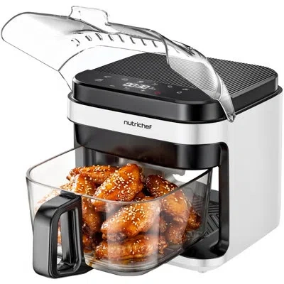 Nutrichef 5.8 Quart Air Fryer | Glass Airfryer With 8-in-1 Digital Presets | Stainless Steel Fryer Design | Gl In White