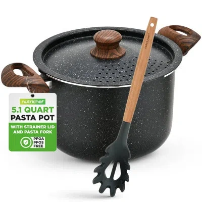 Nutrichef 5qt Pasta Pot With Strainer Lid & Pasta Fork | Non-stick Cooking Pot | Lockable Lid, Heat Resistant  In Matte Black