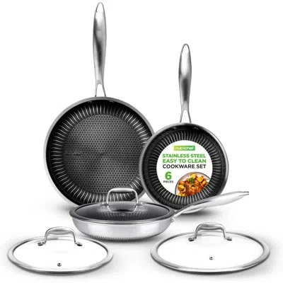 Nutrichef 6-piece Cookware Set Stainless Steel - Triply Kitchenware Pans Set Kitchen Cookware W/dakin Etching  In Polished Chrome