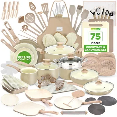 Nutrichef 75-piece Non-stick Pots And Pans Set, Complete Ceramic Cookware Set With Bakeware, Utensils, Knife S In Cream
