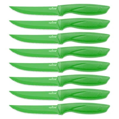 Nutrichef 8 Pcs. Steak Knives Set - Non-stick Coating Knives Set With Stainless Steel Blades, Unbreakable Kniv In Green