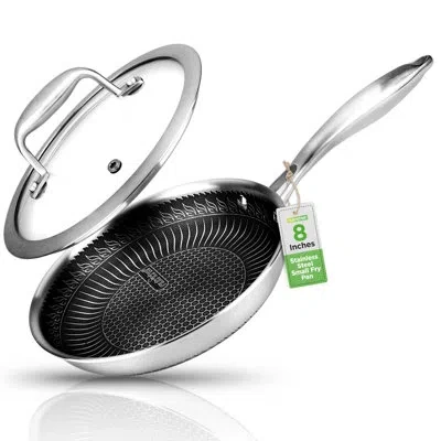 Nutrichef 8” Stir Fry Pan With Glass Lid – Non-stick Frying Pan, Triply Stainless Steel Cookware, Dakin Etchin In Polished Chrome