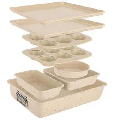 Nutrichef 8-piece Stackable Bakeware Set - Carbon Steel Non-stick Baking Pan Set, Sheet, Muffin, Round, Loaf,  In Cream