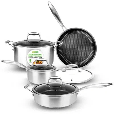 Nutrichef 8-piece Triply Cookware Set Stainless Steel - Triply Kitchenware Pots & Pans Set Kitchen Cookware, N In Polished Chrome