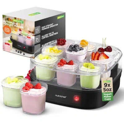 Nutrichef 9 Cup Automatic Yogurt Maker | Includes 9 - 5 oz Reusable Cups With Lids & Yogurt Rack For Instant S In Clear