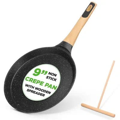 Nutrichef 9.45” Non-stick Crepe Pan With Wooden Spreader, Durable Marble Coated Dosa Pan, Bakelite Handle And  In Black