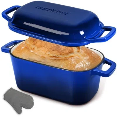 Nutrichef 9x5" Enameled Cast Iron Loaf Pan With Lid, Enamel-coated Baking Loaf Pan For Sourdough, Oven Safe, N In Blue