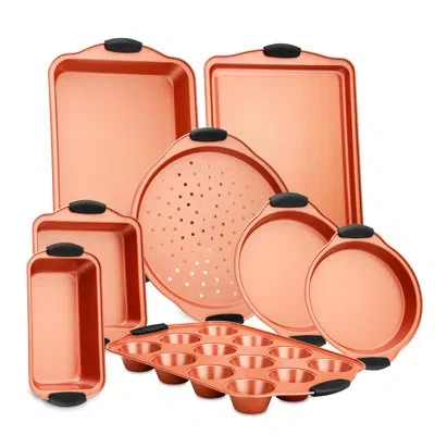 Nutrichef Baking Pans Set - Nonstick Carbon Steel Bakeware Set W/ Silicone Heat-safe Handles - Includes Loaf P In Copper