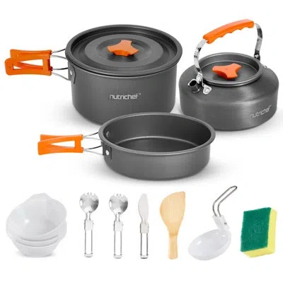 Nutrichef Camping Cookware Set - Lightweight Nonstick Pots, Pans, Utensils, Bowls, Cutlery, And Cleaning Tools In Gray
