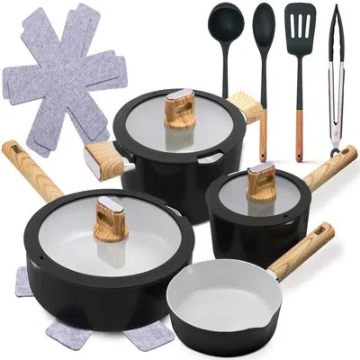 Nutrichef Ceramic Cookware Set With Cooking Utensils, 14-piece Nonstick Cookware Set With Glass Lids, Compatib In Black