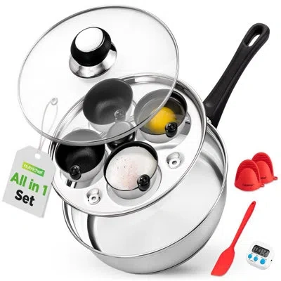 Nutrichef Egg Poacher Pan Set - Stainless Steel Poached Egg Cooker With 4 Non-stick Poaching Cups, Glass Lid,  In Silver