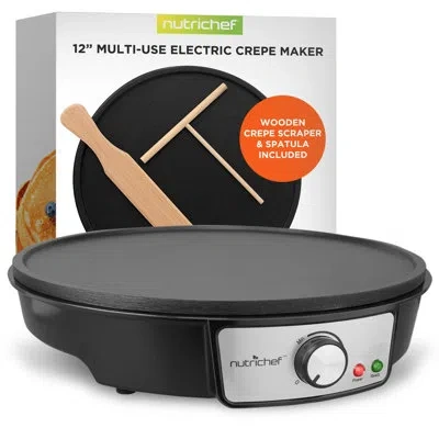 Nutrichef Electric Crepe Maker Pan & Griddle - 12 Inch Nonstick Cooktop, Led Indicators & Adjustable Temperatu In Matte Black