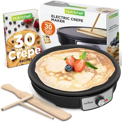 Nutrichef Electric Crepe Maker Pan & Griddle, 12 Inch Nonstick Cooktop, Led Indicators & Adjustable Temperatur In Black