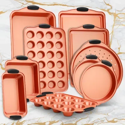 Nutrichef Flexible & Nonstick Carbon Steel Bakeware Set - Professional Home Kitchen Bake Pan Set With Blue Sil In Gold