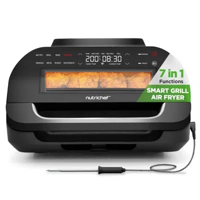 Nutrichef Indoor Smokeless Grill | Smart Grill & Air Fryer With 7 Cooking Functions | 6l Capacity | Includes S In Black