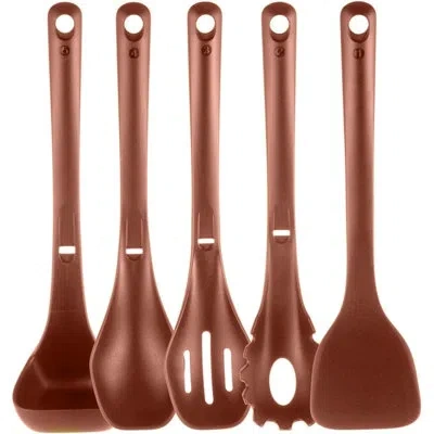 Nutrichef Kitchen Cooking Utensils Set - Includes Solid Spatula, Pasta Fork, Solid Spoon, Slotted Spoon(brown)