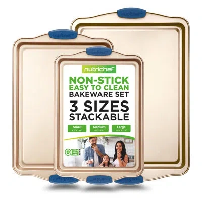 Nutrichef Kitchen Oven 3-piece Non-stick Baking Sheet Set In Gold