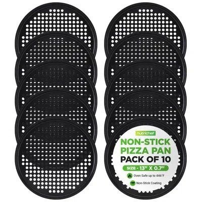 Nutrichef Nonstick 13" Pizza Pan (set Of 10), Perforated Round Pizza Tray For Oven, Commercial-grade Carbon St In Black