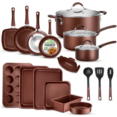 Nutrichef Nonstick Cookware Set, 20-piece Premium Kitchen Cookware Set With Pots, Pans, Bakeware & Utensils, N In Brown