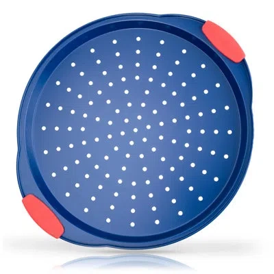 Nutrichef Non-stick Pizza Pan - Deluxe Nonstick Blue Coating Inside & Outside With Red Silicone Handles, Compa