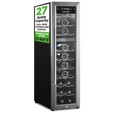 Nutrichef Pkcwcds278.6 27 Bottle Wine Fridge | Dual Zone Adjustable Temperature Control 41°f To 64°f | Ultra Q In Black