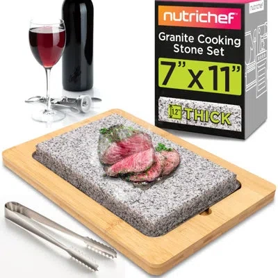 Nutrichef Sizzle Hot Cooking Stone Grill With Bamboo Platter, Tabletop Granite Stone Grill With Non-slip Handl In Gray